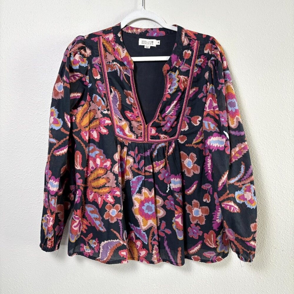 Molly Bracken Floral Blouse Size M V Neck Embroidery Long Sleeve Top Boho - Picture 1 of 13